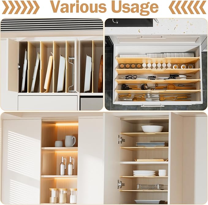 6 Set Trim-to-Fit Wood Tray Dividers for Cabinet, Cookie Sheet Organizer, Multi Layer Embedded Plug-in Board Storage, Cuttable DIY Storage Divider Insert for Kitchen Bedroom Cabinet Closet