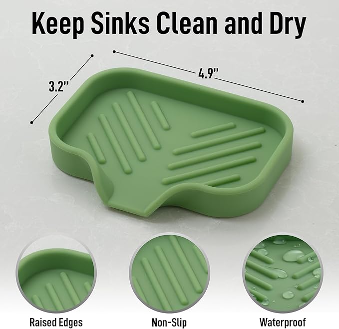 Zulay Kitchen Small Silicone Sponge Holder (4.9x3.3”) – Space-Saving Sink Organizer Tray for Sponge, Soap, Brush & More – Compact Non-Slip Dish for Kitchen & Bathroom (Jade Green)