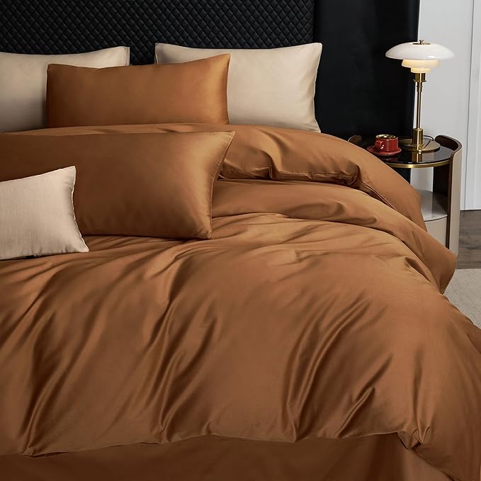 MooMee Duvet Cover Set 100% Extra Long Staple Cotton 600 Thread Count Silky Sateen Smooth Luxury Soft Breathable Durable Hotel Quality Bedding, 3 Pieces (Dark Orange, King 104"x90")
