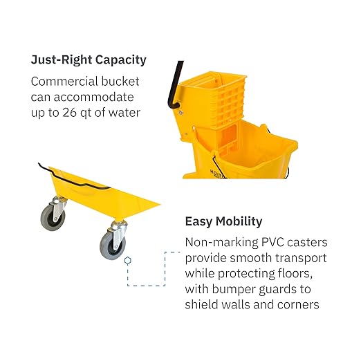 Carlisle FoodService Products 26-Quart Commercial Mop Bucket with Side-Press Wringer, Precision-Molded Polypropylene, Durable Wringer, Bucket with Non-Marking Casters, 18.5 x 16.5 x 23 Inches, Yellow