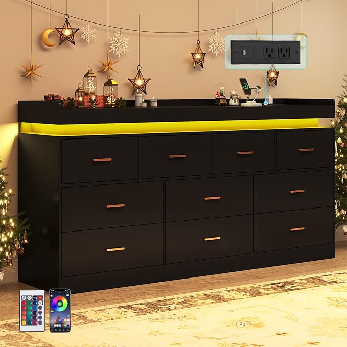 10 Drawer Dresser with Charging Station and LED Lights, Modern Chest of Drawers with Power Outlet, Organizer Cabinet for, Living Room, Entryway, Black
