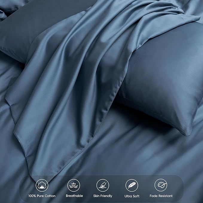 MooMee Queen Duvet Cover Set, 100% Extra Long Staple Cotton 600 Thread Count Sateen Silky Soft Breathable Durable Luxury Hotel Quality Bedding Set, 3 Pieces (Dark Blue, 90"x90")