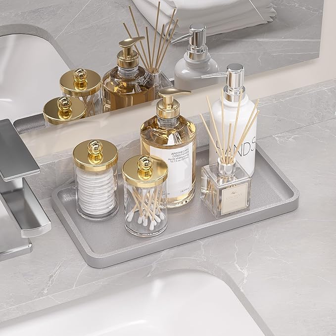 Weenson Bathroom Vanity Tray for Perfume Makeup Jewelry Decor Candle, Bamboo Kitchen Tray for Soap Dispenser Spice, Coffee, Toilet Tank Tray Nightstand Silver 11.81”L x 6.1”W x 0.79”H