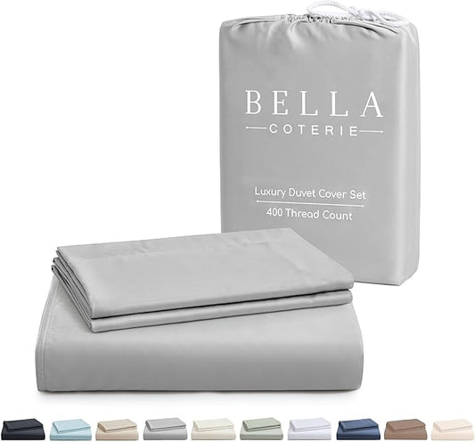 Bella Coterie Luxury Bamboo Viscose Queen Size Duvet Cover Set | 100% Organically Grown | Corner Ties | Ultra Soft | Cooling | Two Pillow Shams | 90 x 94 | No Insert [Grey Mist]