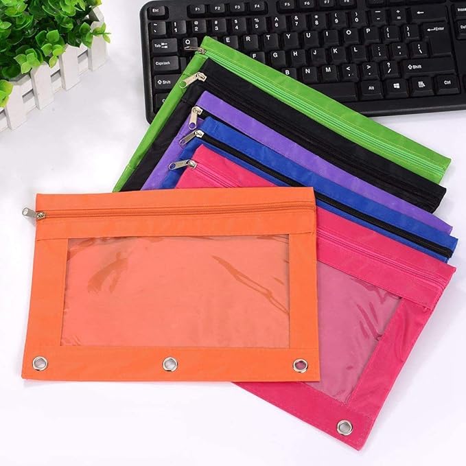 Zippered Pen Pencil Binder Pouch 3 Rings with Clear Window for School Classroom Organizers 8 Pcs (Rose red)