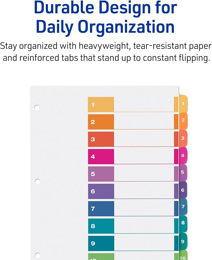 Avery Dividers for 3 Ring Binders, 10 Tabs per Set, Customizable Table of Contents, Multicolor Tabs, Great for Organizing Reports, Projects, and More (3 Sets of 11072)