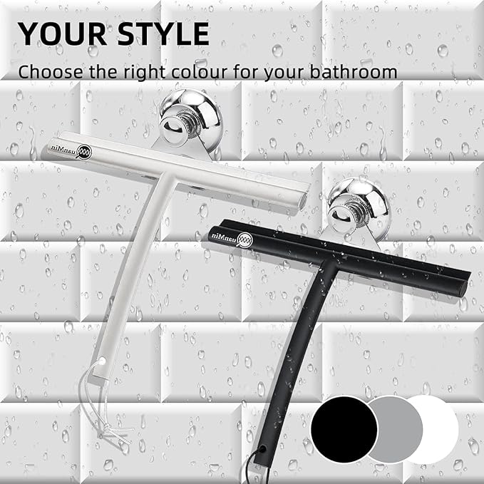 Shower Squeegee with Hook & Sucker - Stainless Steel Core | Silicone Rubber Glass Wiper for Shower Doors, Windows, Mirrors & Car Glass - Black