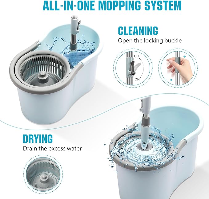 Spin Mop and Bucket with Wringer Set, 360° Spinning Mop Bucket System with 3 Microfiber Mop Replacement Heads and 50" Stainless Steel Adjustable Handle for Floor Cleaning (15QT)