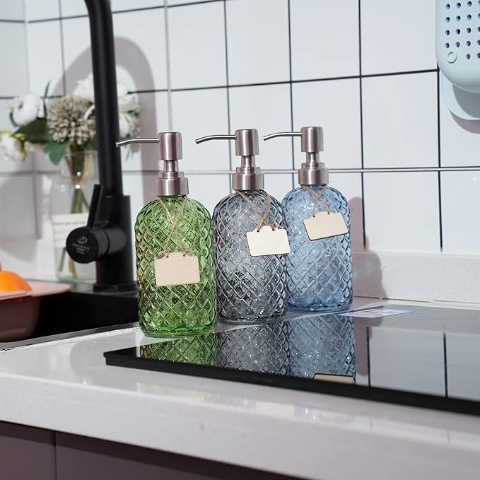 16 oz Diamond Pattern Glass Soap Dispenser, Kitchen and Bathroom Refillable Soap Dispenser with Rust Resistant Stainless Steel Pump for Hand Soap, Lotion Glass Liquid Dispenser(Grey-2pack)