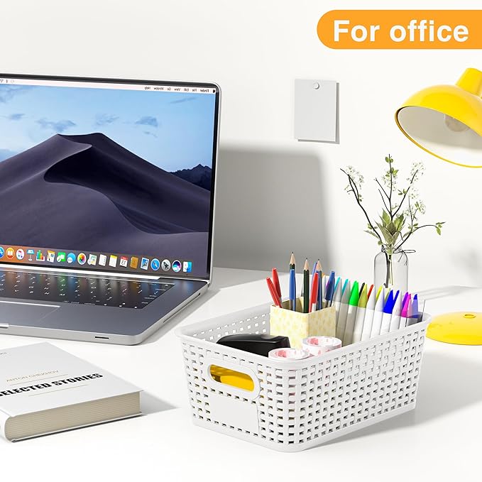 White Plastic Storage Baskets - Pack of 8 with Labels Stackable Durable Storage Bins, Storage Containers for Organizing Desktops, Closets, Playrooms, Classrooms, Offices