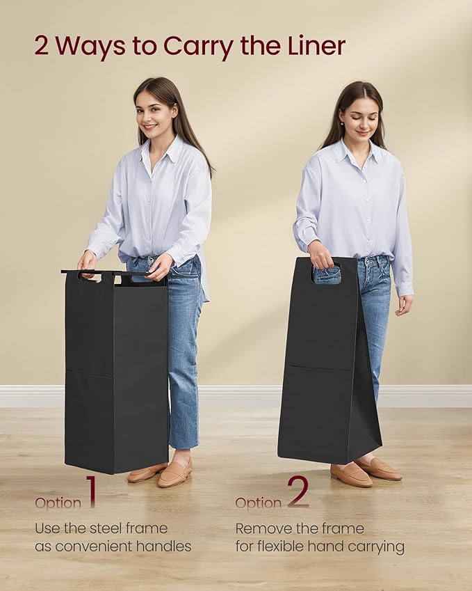 VASAGLE Laundry Sorter, 29 Gal. (110 L) Laundry Hamper Basket with 2 Compartments, Rolling Cart with Wheels, Shelf, Removable Bags, Pockets, Ink Black and Rustic Brown UBLH021B01