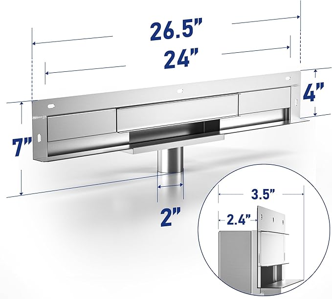 Linear Wall Drain 24’’, 304 Stainless Steel Side Drain w/Tiled Grate & Hair Strainer, Brushed Tiled Shower Drain for Bathroom, CUPC Certified