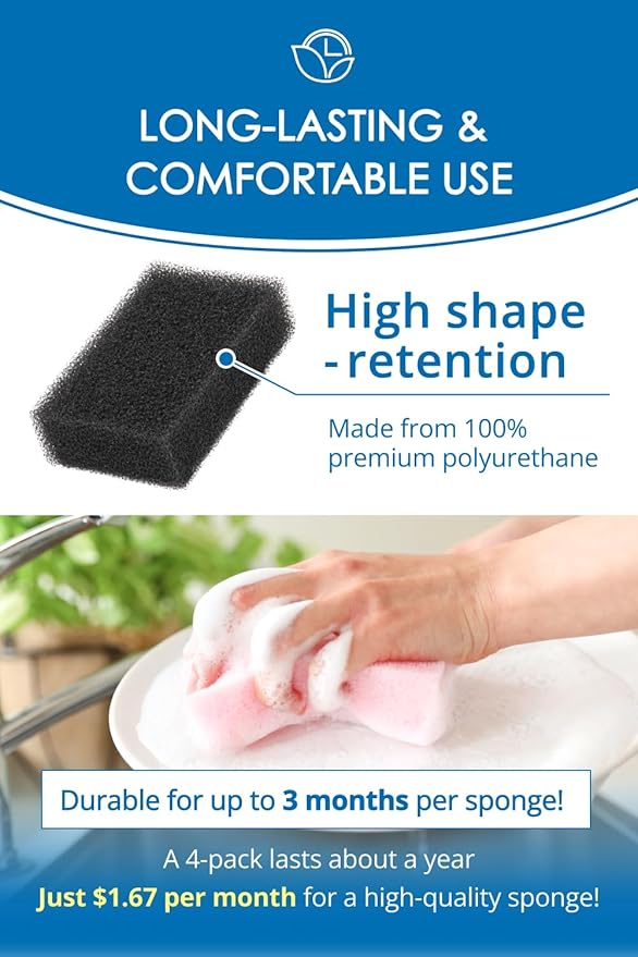 [SunSun Sponge] Kitchen Sponge 4-Pack, Multi-Purpose for Dishwash, Bath, and Stovetop, Excellent Drainage & Rich Lather, Durable & Long-Lasting