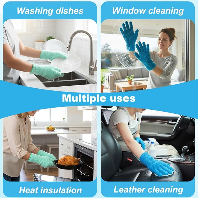 2 Pairs Microfiber Gloves for Plants Reusable Washable Plant Dusting Gloves House Leaf Cleaning Glove for Plants House Cleaning Car Blinds Lamps (Blue, Green)