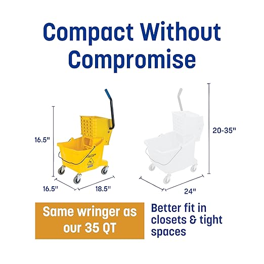 Carlisle FoodService Products 26-Quart Commercial Mop Bucket with Side-Press Wringer, Precision-Molded Polypropylene, Durable Wringer, Bucket with Non-Marking Casters, 18.5 x 16.5 x 23 Inches, Yellow