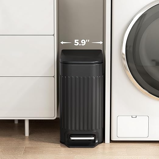 TrashAid Small Black Bathroom Trash Can with Lid Soft Close, 6 Liter / 1.6 Gallon, Stainless Steel Garbage Can with Removable Inner Bucket, Step Pedal, Slim Wastebasket for Toilet, Office, Bedroom