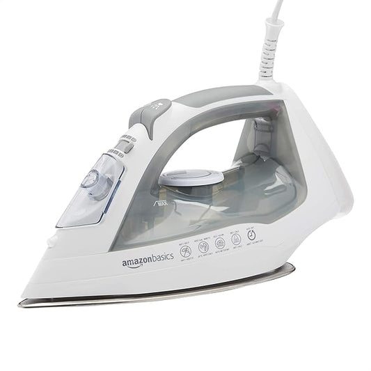 Amazon Basics Steam Iron for Clothes with Safety Auto Shut-Off, Handheld Steamer, Steel Soleplate, 1700-Watt, 1.62ft, Gray