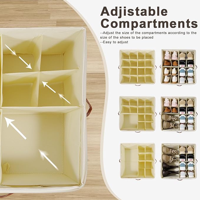 Shoe Organizer for Closet, Shoe Storage Box, Foldable Shoe Box with Adjustable Dividers and Clear Cover, Closet Shoe Organizer Fits up to 16-32 Pairs, Extra Storage Pocket for Socks (2 Pack)