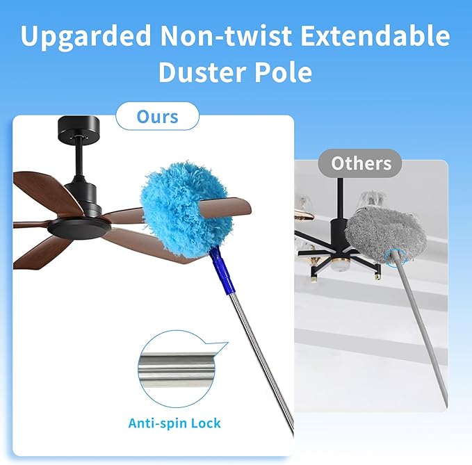Ceiling Fan Cleaner Dusters for Cleaning 6-in-1 Kit, Cobweb Duster with Extension Pole, 100 Inches High Ceiling Fan Blade Cleaners with 5 Reuseable Dusting Heads for Windows and Blinds- Blue