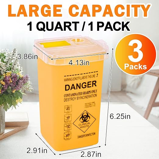 CHANGTIKEJI 1 Quart (3-Pack) Yellow Sharps Containers, Biohazard Needle Disposal for Home Use, Portable Travel Sharps Storage, Professional Waste Sharps Disposal Bucket