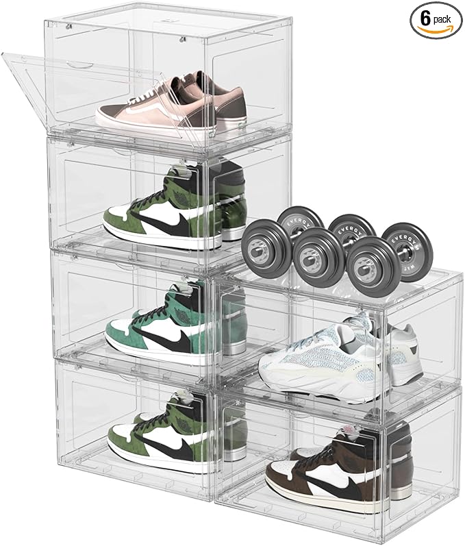 Xyskin Plastic Stackable Shoe Containers with Magnetic Door, Shoe Organizers Storage Boxes, 6 Pack, Clear