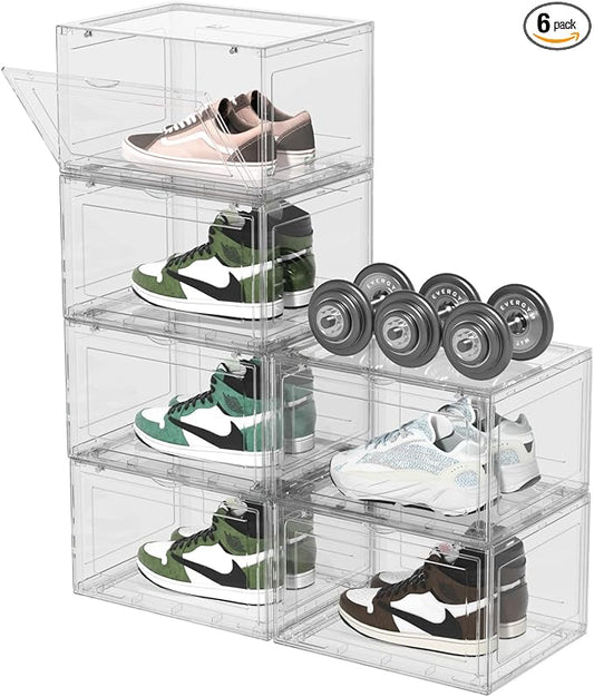 Xyskin Plastic Stackable Shoe Containers with Magnetic Door, Shoe Organizers Storage Boxes, 6 Pack, Clear
