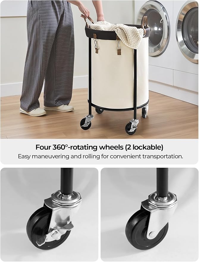 StorageWorks 110L Rolling Laundry Basket, Clothes Hamper with Wheels, Round Clothing Cart with Steel Frame and Removable Bag, 4 Casters and 2 Brakes, Beige, 1-Pack