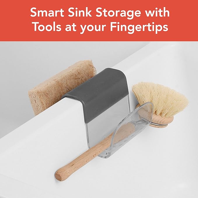 Spectrum Sink Saddle for Kitchen Sink Gray Slate Tint Sponge and Brush Holder Organizer, Dish Brush and Sponges Plastic Saddle Caddy for Double Sink Storage with Drain Holes for Quick Drying