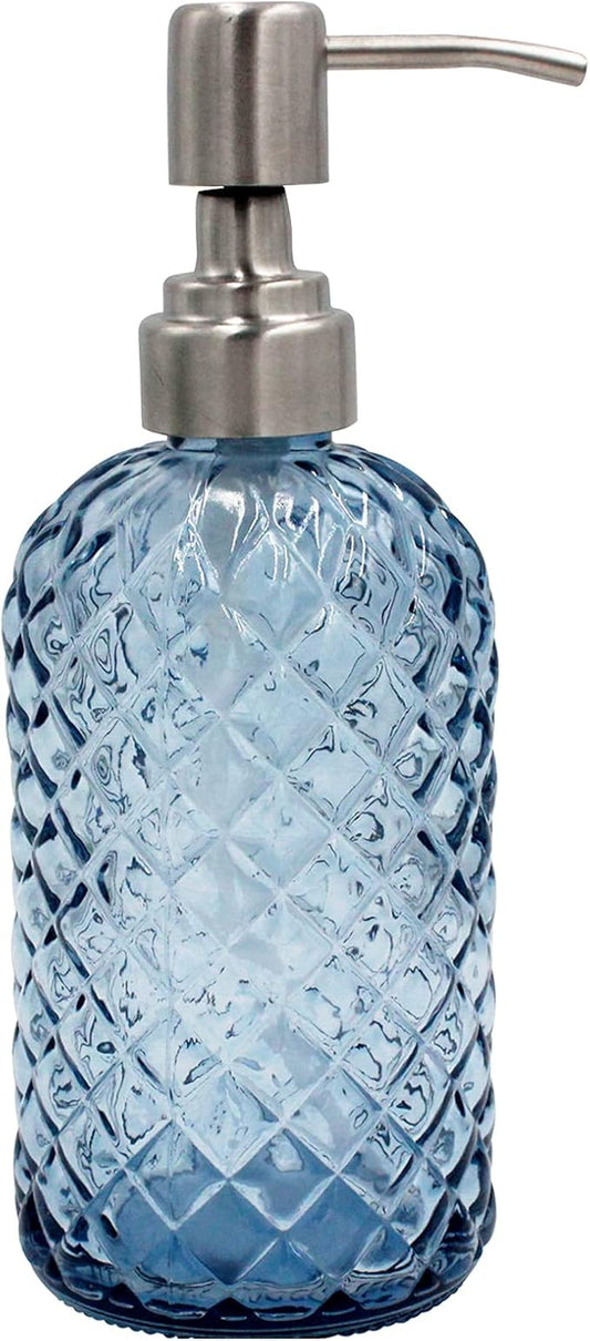16 oz Diamond Pattern Glass Soap Dispenser, Kitchen and Bathroom Refillable Soap Dispenser with Rust Resistant Stainless Steel Pump for Hand Soap, Lotion Glass Liquid Dispenser (Blue)