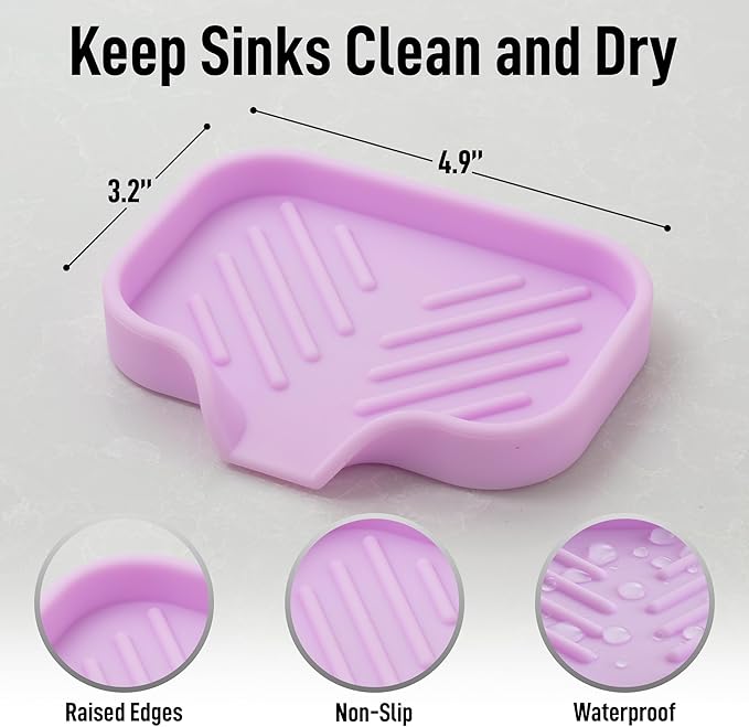 Zulay Kitchen Small Silicone Sponge Holder (4.9x3.3”) – Space-Saving Sink Organizer Tray for Sponge, Soap, Brush & More – Compact Non-Slip Dish for Kitchen & Bathroom (Lavender)