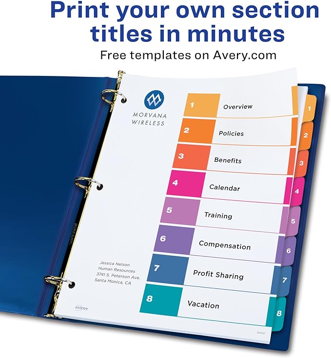 Avery Dividers for 3 Ring Binders, 8 Tabs per Set, Customizable Table of Contents, Multicolor Tabs, Great for Organizing Reports, Projects, and More (11133)