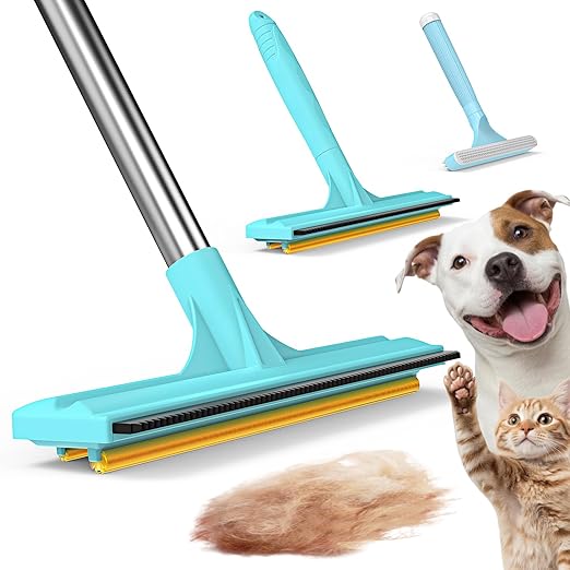 3 In 1 Carpet Rake for Pet Hair Removal with Long & Short Handle and Rubber Detail Brush, Carpet Brush for Pet Hair, Deep Cleaning Pet Hair Removal Broom for Carpets Couches Rugs Bed Furniture