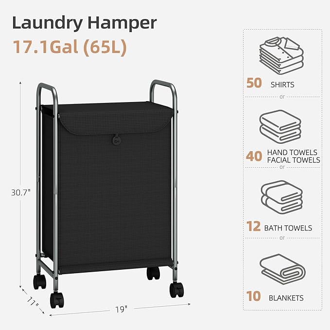 STORAGE MANIAC Rolling Laundry Hamper, Laundry Basket with Lockable Wheels, Clothes Sorter Cart, Small Clothes Separator Hamper for Closet, Bathroom, Laundrys Room, 1 Section Black