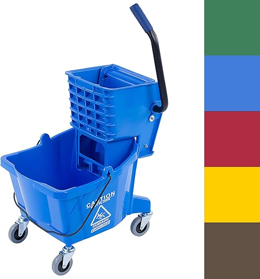 Carlisle FoodService Products 26-Quart Commercial Mop Bucket with Side-Press Wringer, Precision-Molded Polypropylene, Durable Wringer, Bucket with Non-Marking Casters, 18.5 x 16.5 x 23 Inches, Blue