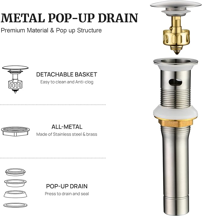 Pop up Sink Drain Stopper with Overflow Brushed Nickel for Bathroom Vessel Vanity Sink Art Basin，Big Cap Sink Drain with Overflow, Metal Pop-up Drain Strainer with Detachable Basket Stopper