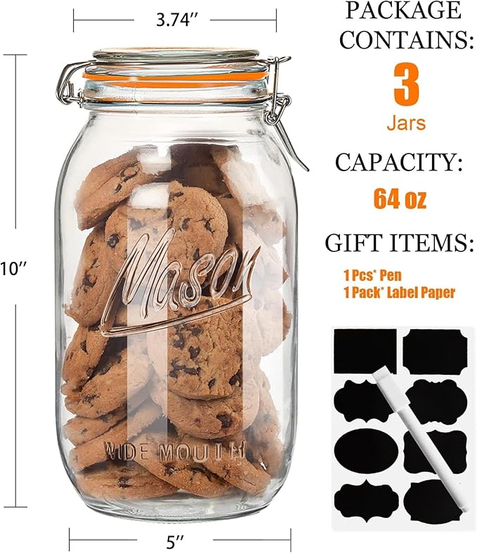 Wide Mouth Mason Jars 64 oz 3 Pack Half Gallon Glass Jar with Airtight Lids, Large Mason Jar with Scale Mark Food Storage Canning Jars for Pickling Flour Sugar Pasta Oats Cereal