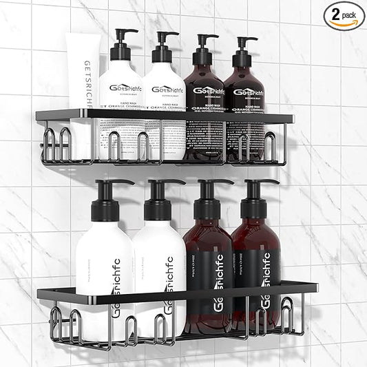 Adhesive Shower Caddy, Shower Shelves with 16 Hooks, Rustproof Shelf Wall Corner Racks for Inside Bath, No Drilling & Sleek Bathroom Organizers and Storage Caddies Soap Holder, 2 Pack