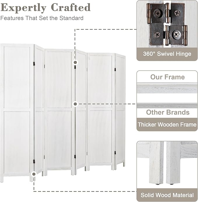 WelFurGeer 6 Panel Room Divider Screen - 360° Adjustable Folding Panels for Privacy, Bedroom, Living Room & Patio, Handcrafted Decorative Room Divider, Freestanding Divider for Room Separation (White)