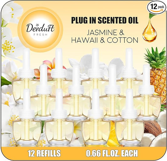 Plug in Refills Air Freshener - Scented Essential Oils, Long-Lasting Jasmine, Hawaiian, Cotton, Home Freshener, 12 Count, 7.92 Fl Oz, Compatible with Air Wick & Glade, Not Include Glade Plus