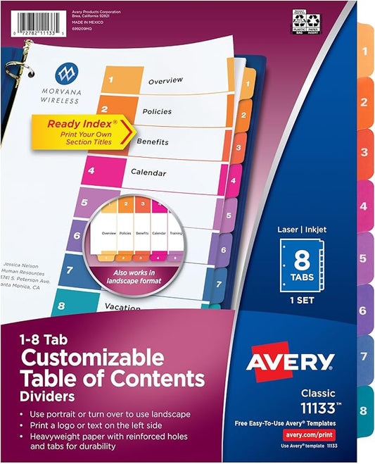 Avery Dividers for 3 Ring Binders, 8 Tabs per Set, Customizable Table of Contents, Multicolor Tabs, Great for Organizing Reports, Projects, and More (11133)