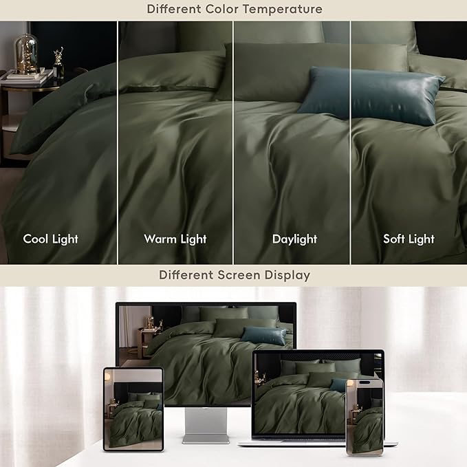 MooMee Duvet Cover Set 100% Extra Long Staple Cotton 600 Thread Count Silky Sateen Smooth Luxury Soft Breathable Durable Hotel Quality Bedding, 3 Pieces (Olive Green, King 104"x90")