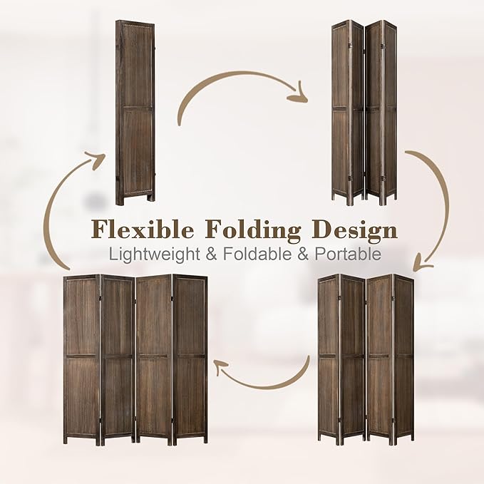 WelFurGeer 4 Panel Room Divider Screen - 360° Adjustable Folding Panels for Privacy, Bedroom, Living Room & Patio, Handcrafted Decorative Room Divider, Freestanding Divider for Room Separation (Brown)
