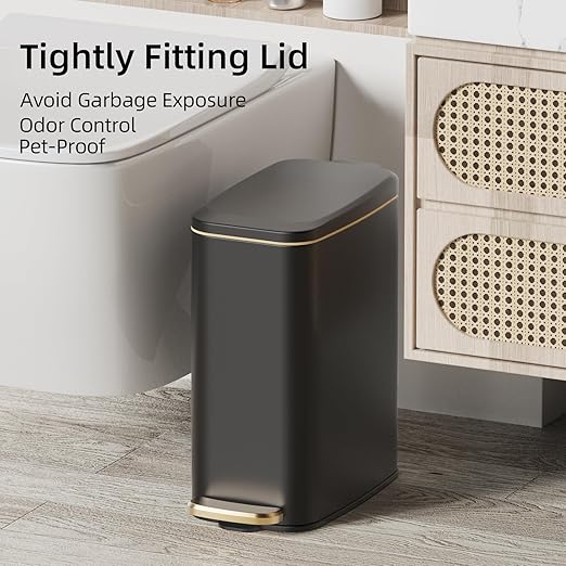 KUK Slim Bathroom Trash Can with Lid, 1.6 Gal / 6L Stainless Steel Small Garbage Bin with Detachable Inner Bucket, Step Pedal, Silent Close, Wastebasket for Toilet, Bedroom, Home, Office (Black)