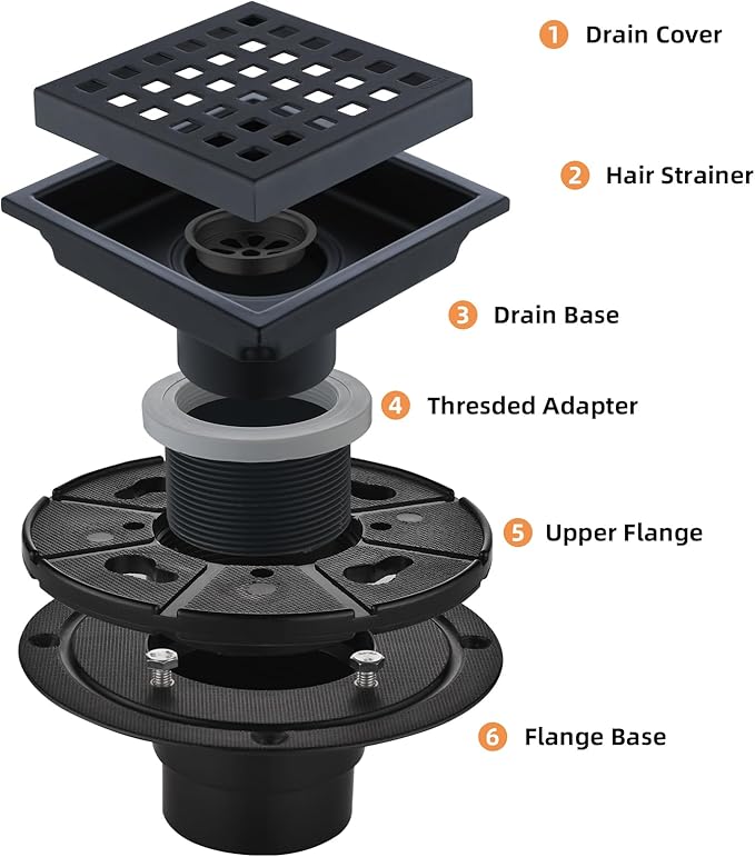 Square Shower Drain 4-Inch with ABS Flange, Matte Black, Removable Grille,Bathroom Stainless Steel Shower Floor Drain