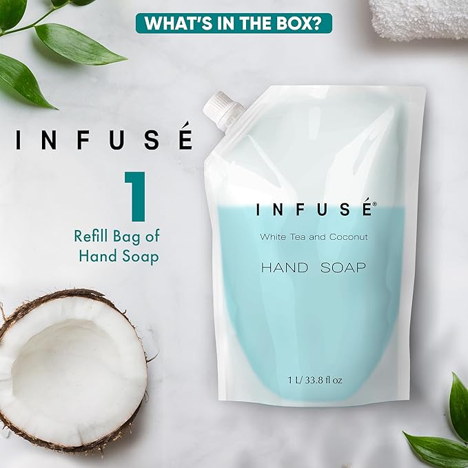 1 Liter Hand Wash Refill Bag For Soap Dispensers | Bulk Toiletries for Vacation Rentals, and Home Bathroom Showers | White Tea and Coconut | Single