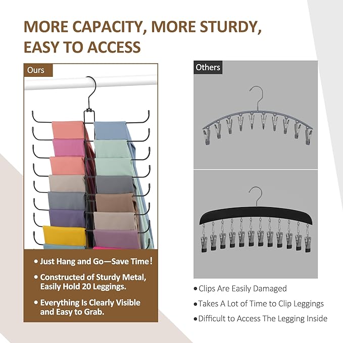 ZEDODIER Legging Organizer for Closet Hanging, Rotatable Yoga Pants Hanger for Women's XS-XL and Girls' Leggings, Holds Up to 20 Pairs Leggings, Space-Saving Closet Organizers and Storage, Black