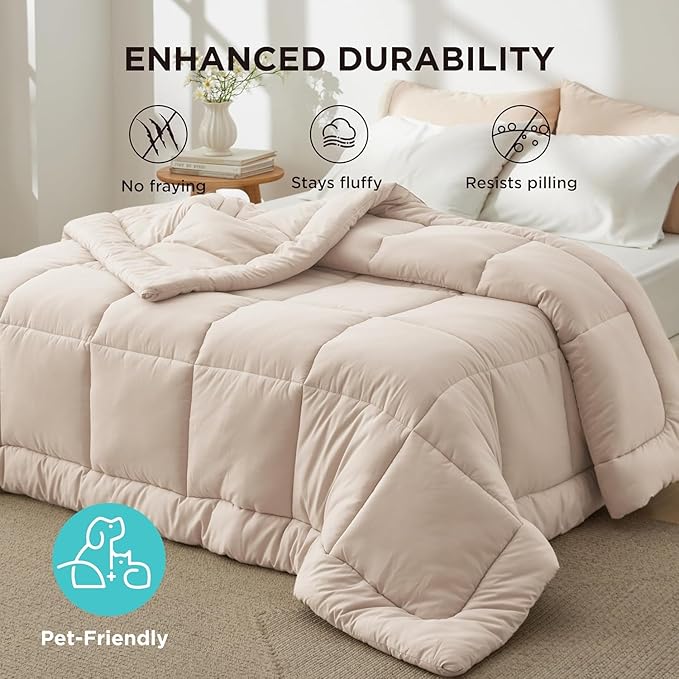Bedsure Comforter Duvet Insert - Quilted Comforters Alaskan King, All Season Duvet, GentleSoft Down Alternative Bedding, with 8 Tabs, Gifts for Women/Men, Beige,Alaskan King 130x120 Inch