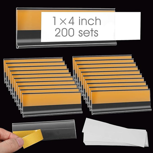 200-Pack 4 x 1 Inch Adhesive Label Holders with Paper Inserts - Clear Cabinet Labels, Plastic Label Holder for Supermarket Storage Bins Library Kitchen Office Organization