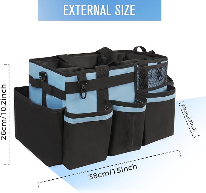 Wearable Cleaning Caddy, Cleaning Caddy Supplies Organizer with Handle & Shoulder Straps for Housekeepers, Under Sink & Car Cleaning Tool Organizers Bag with 4 Foldable Divider (Blue)