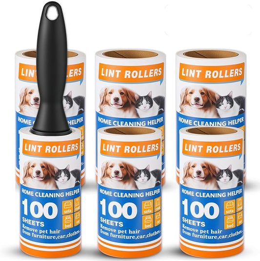 Lint Roller Set 600 Adhesive Sheets (6 Pack) for Pet Hair Extra Sticky - Reusable Fur Remover for Clothes, Furniture, Laundry, Car Seats | Heavy Duty Pet Hair Remover